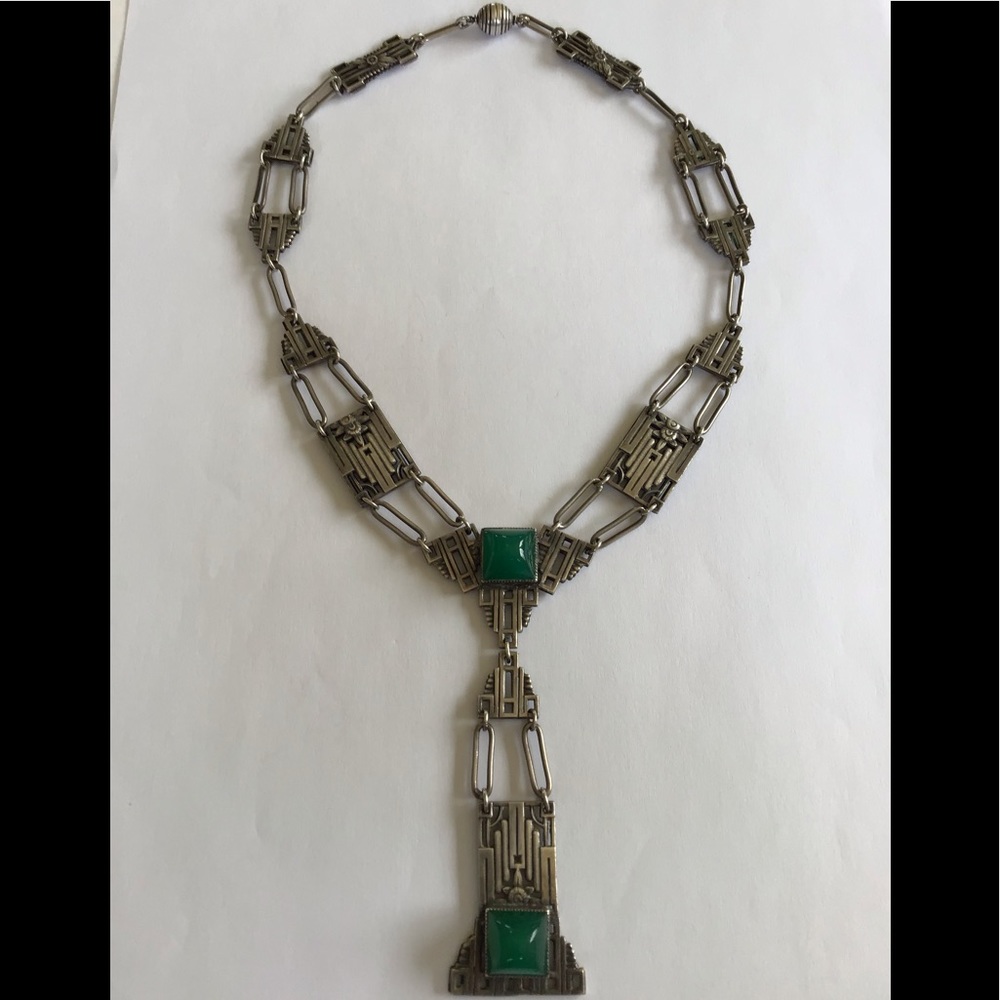 Antique Art Deco Sterling Chrysoprase Necklace - Picture 4 of 11
